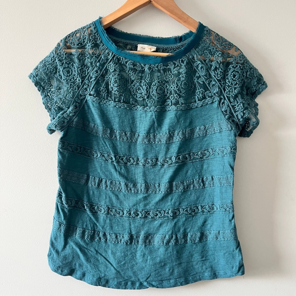 Meadow Rue Anthropologie Lace Yoke Tee Top Boho Teal Medium Floral Trim